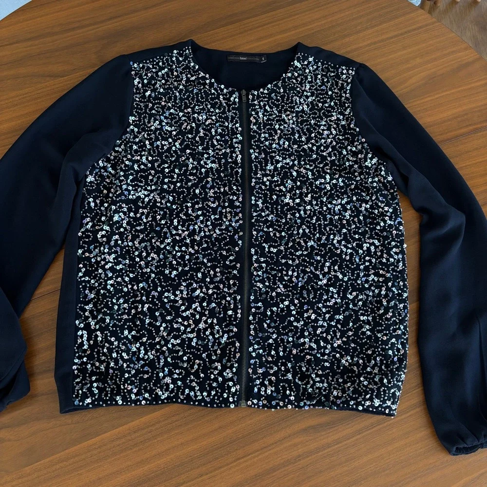 Anthropologie Hazel Sequin Zip Up Bomber Jacket S Beaded Iridescent Glam Party